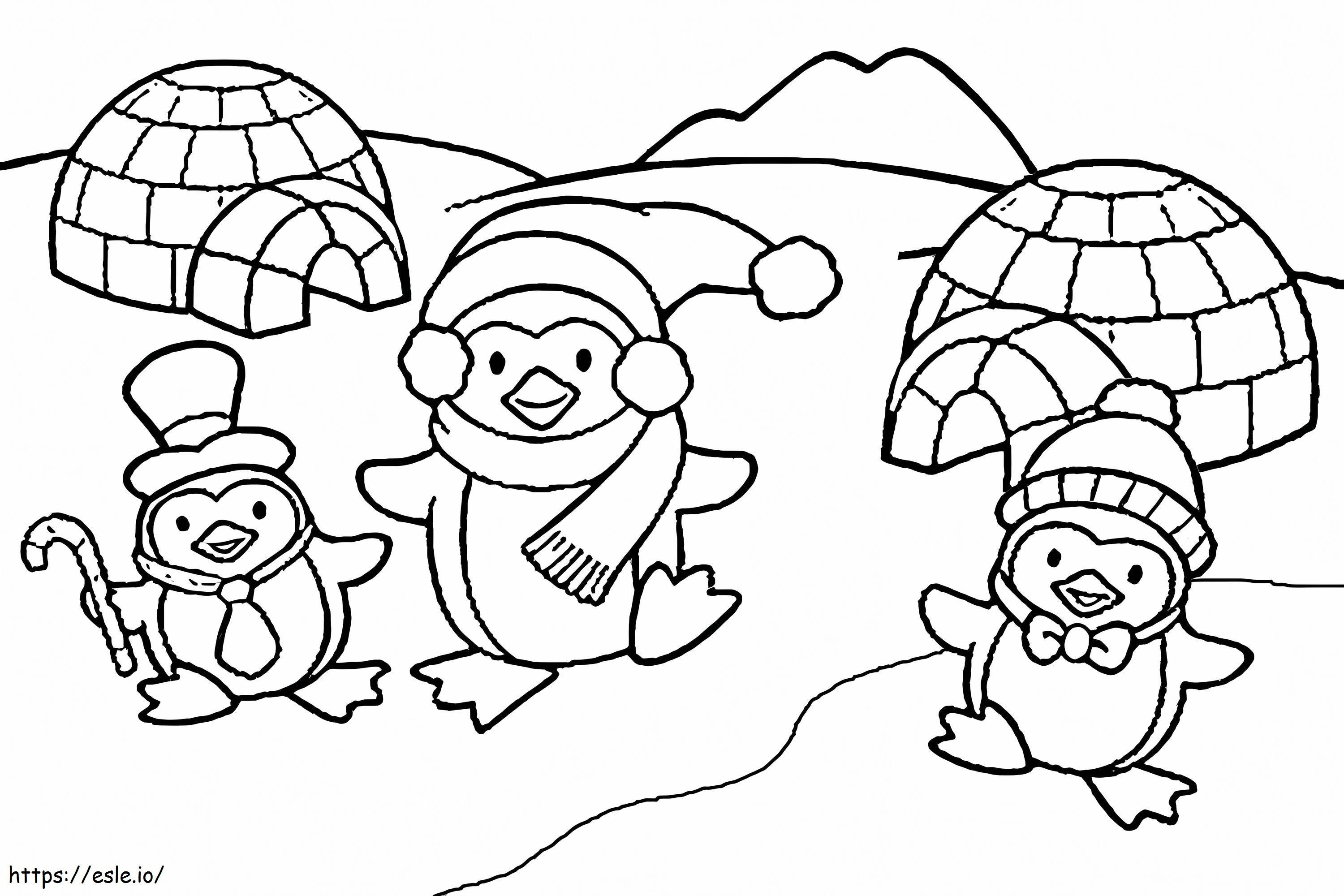 Three Penguins And Two Igloos coloring page
