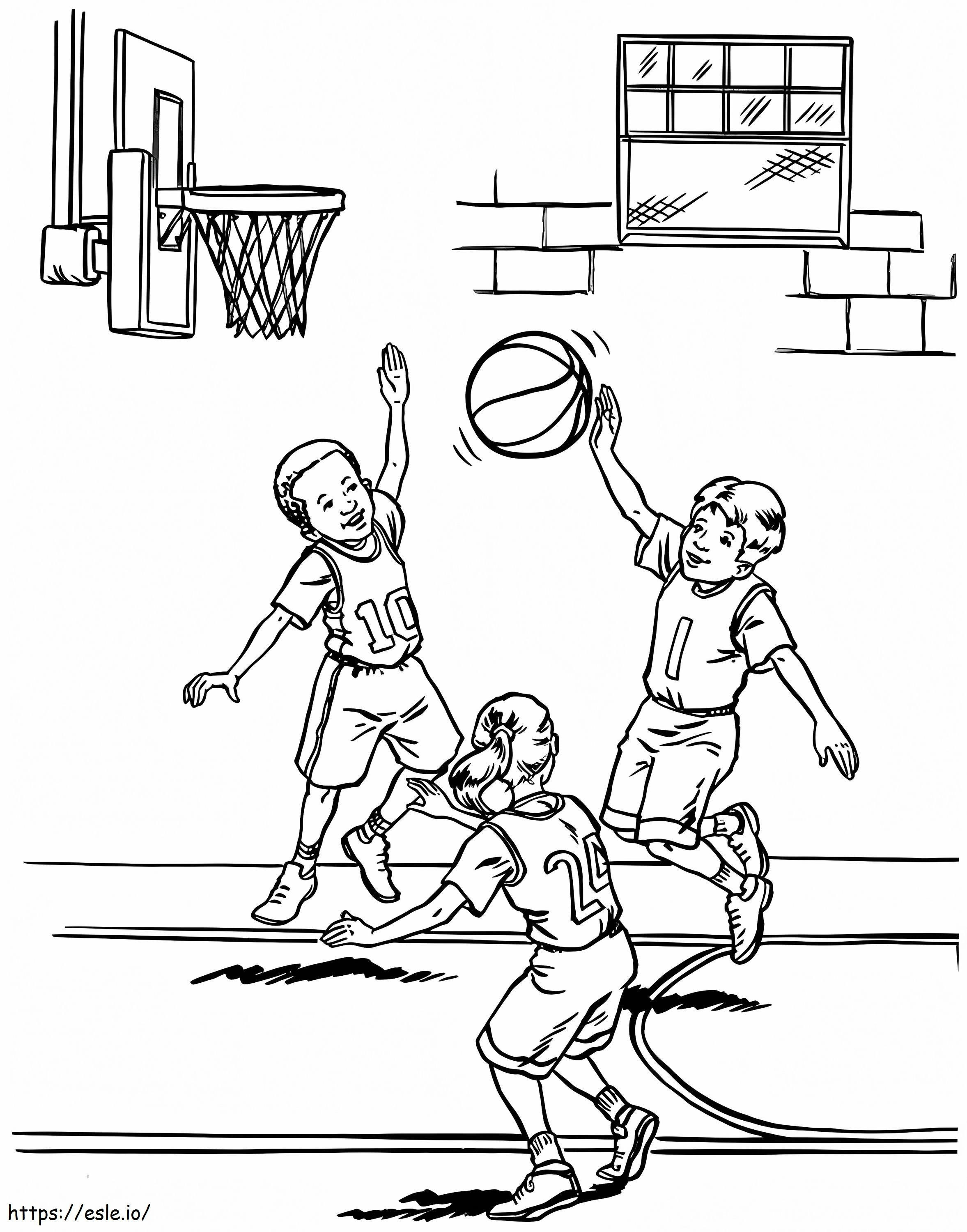 Drie kinderen spelen basketbal kleurplaat kleurplaat