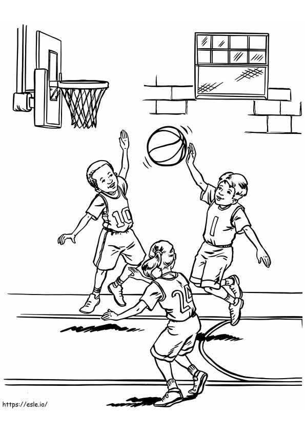 Três crianças jogando basquete para colorir