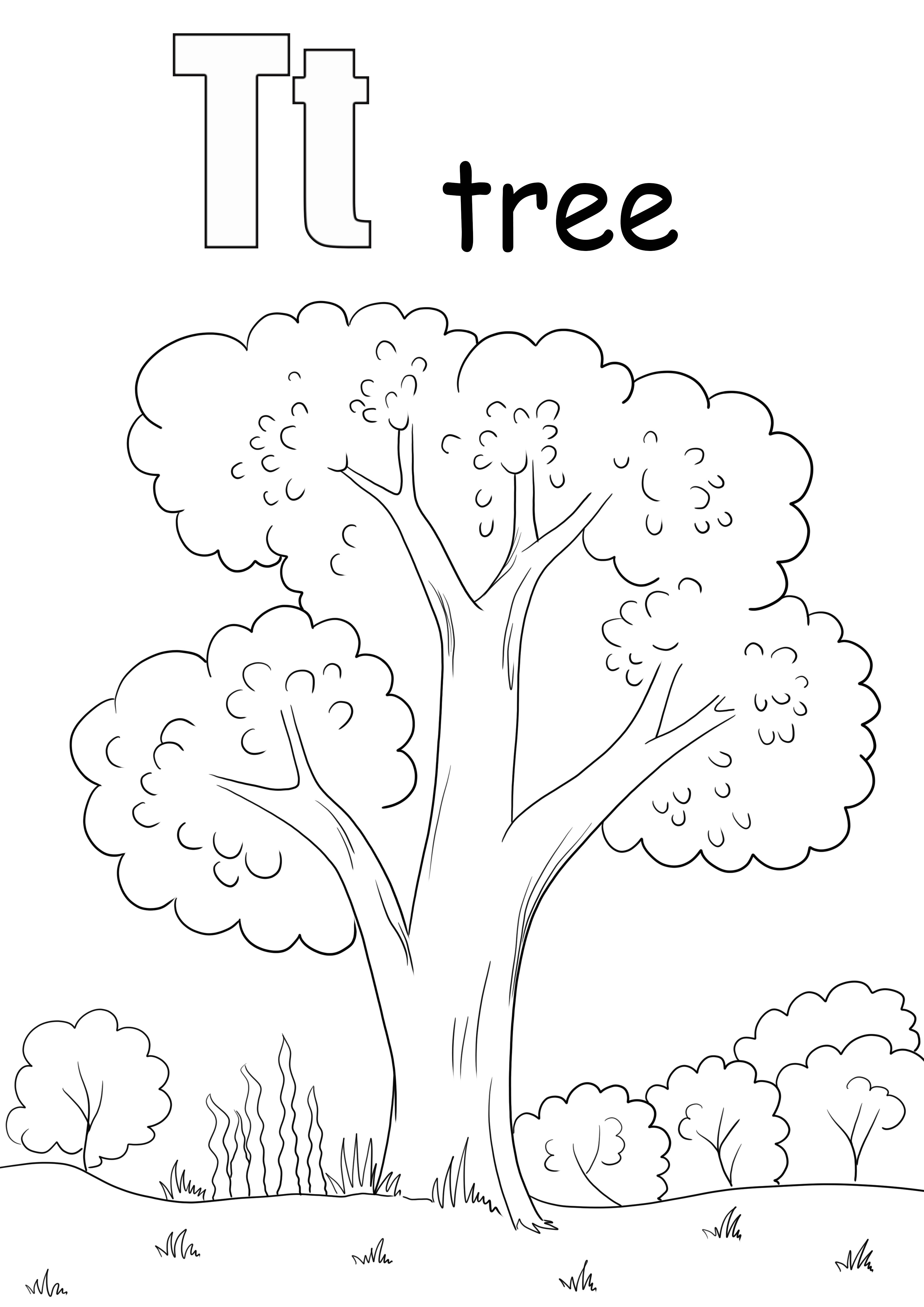 T adalah untuk pewarnaan kata pohon dan halaman pencetakan gratis