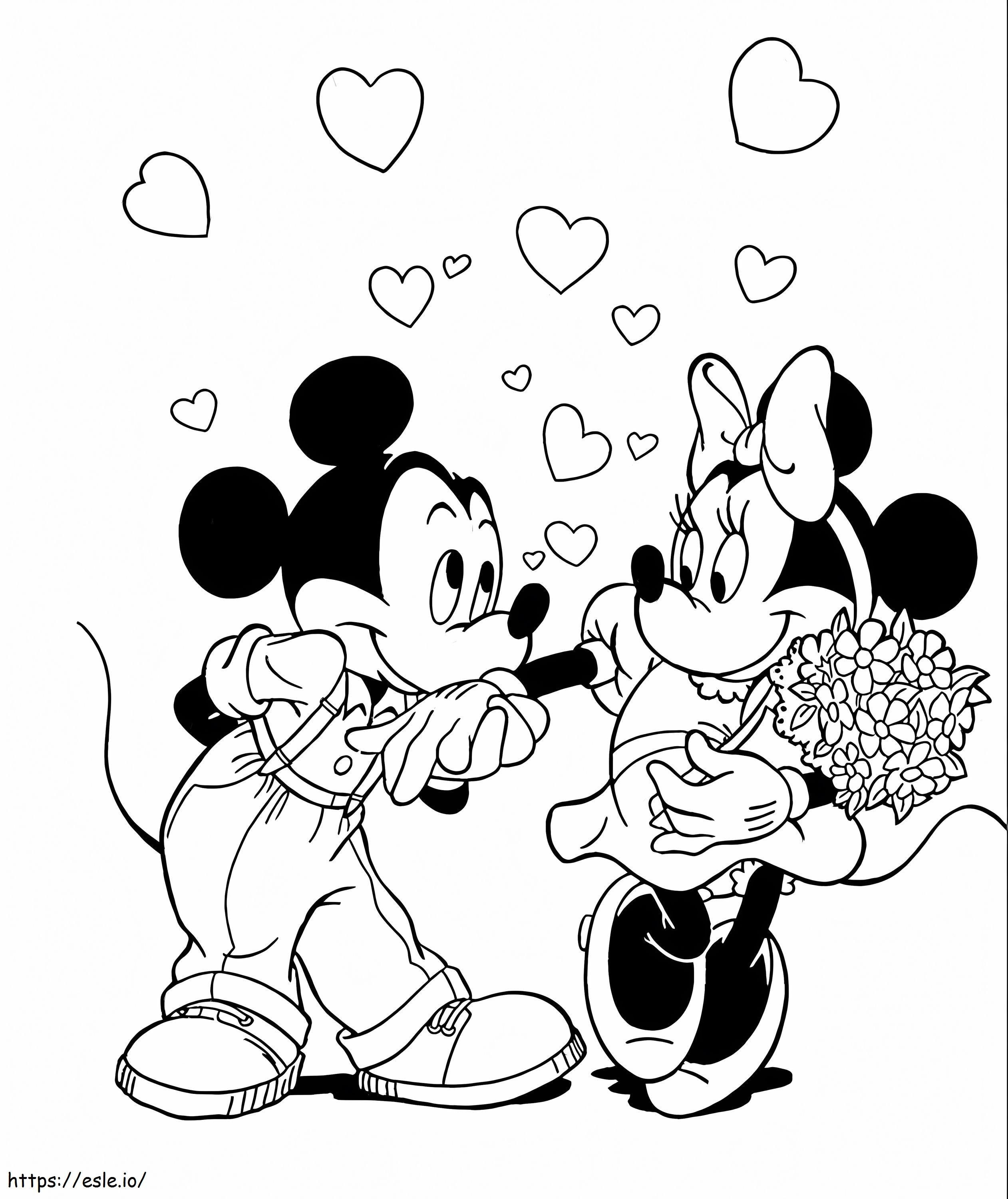 Mickey Mouse e Minnie Mouse sorrindo segurando um buquê de flores para colorir