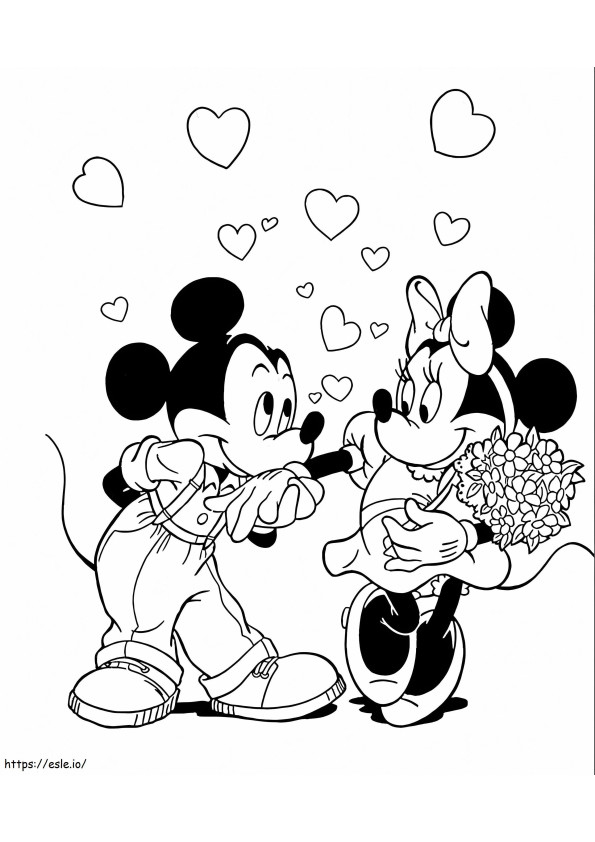Myszka Miki i Myszka Minnie uśmiechają się, trzymając bukiet kwiatów kolorowanka