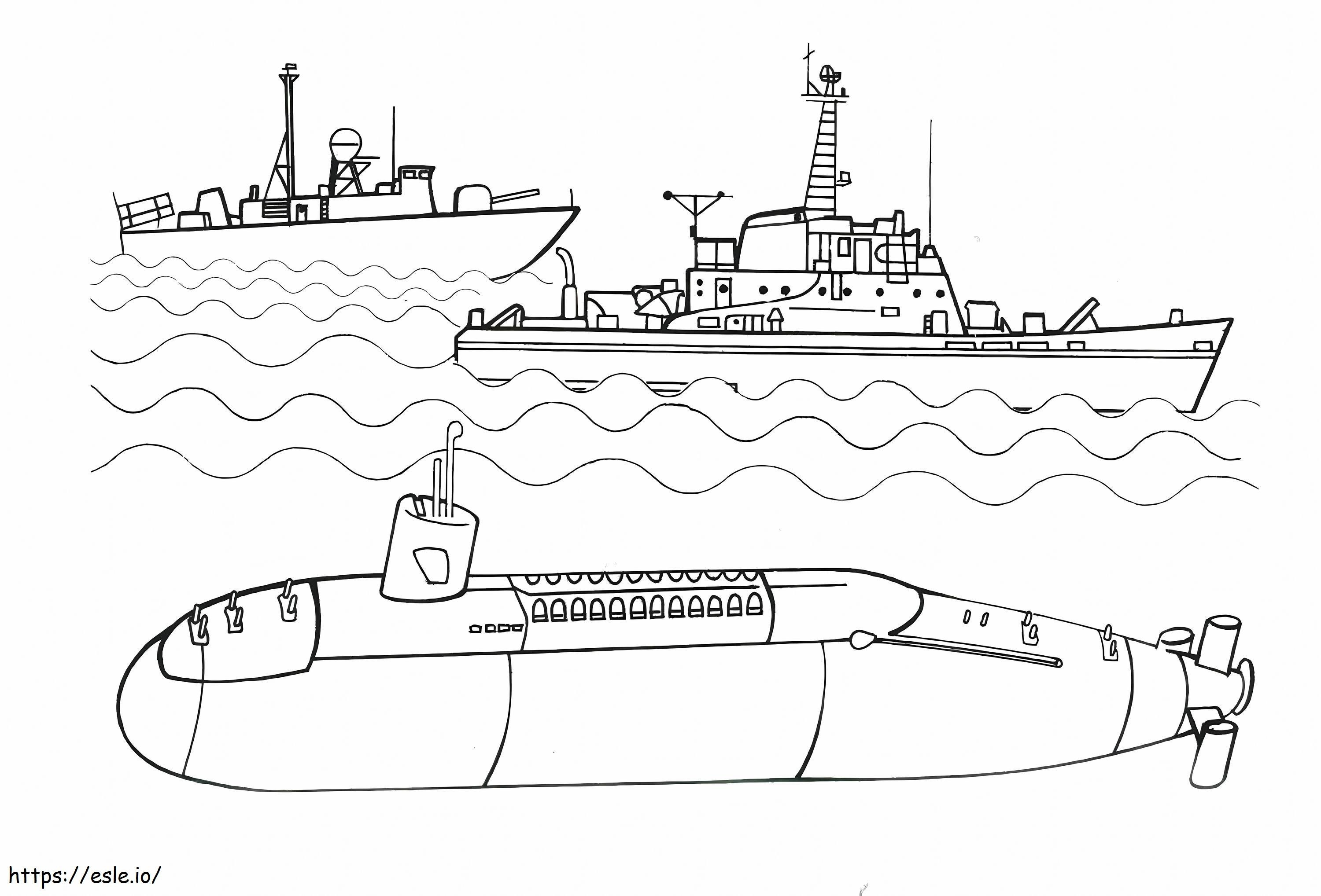 Submarino e dois barcos para colorir