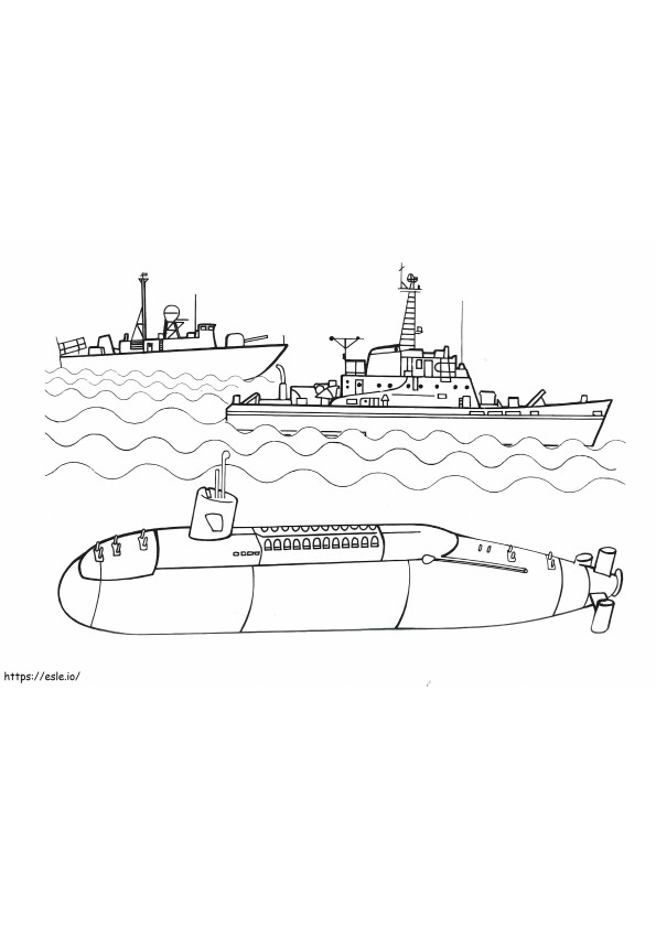 Submarino y dos barcos. para colorear