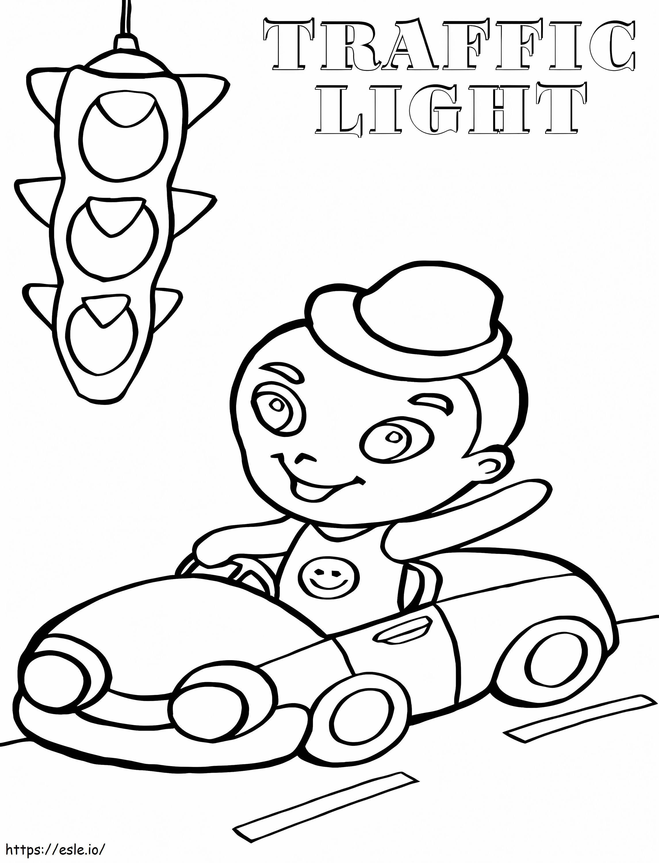 Chłopiec prowadzący samochód i sygnalizację świetlną kolorowanka
