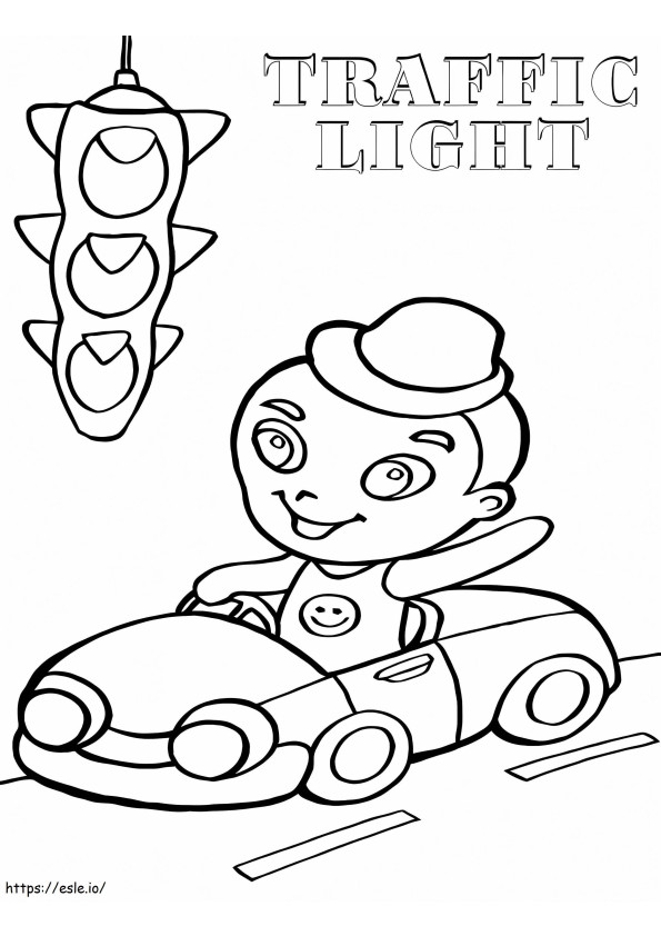 Chłopiec prowadzący samochód i sygnalizację świetlną kolorowanka