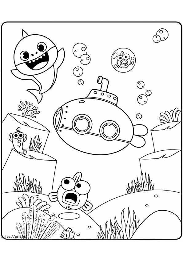 潜水艦とピンクフォンを持つサメの赤ちゃん ぬりえ - 塗り絵