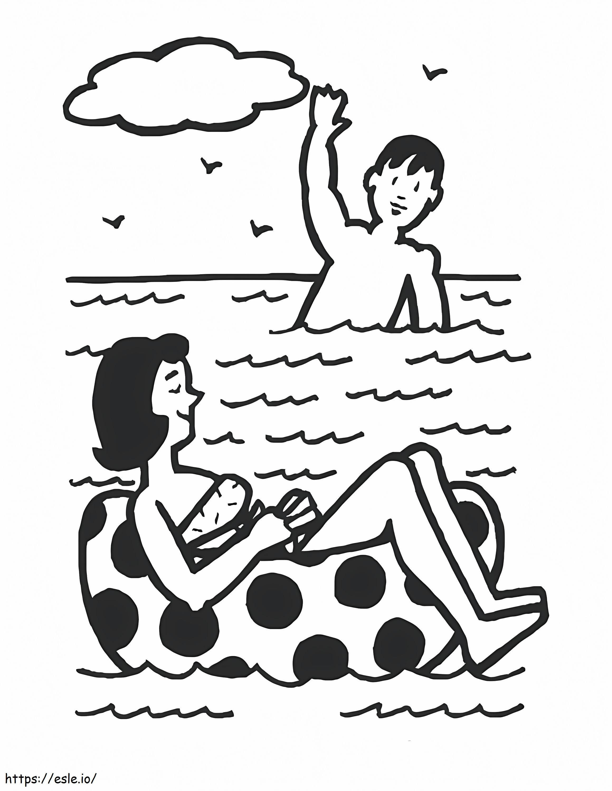 Piirustus pojasta ja tytöstä uimassa rannalla värityskuva