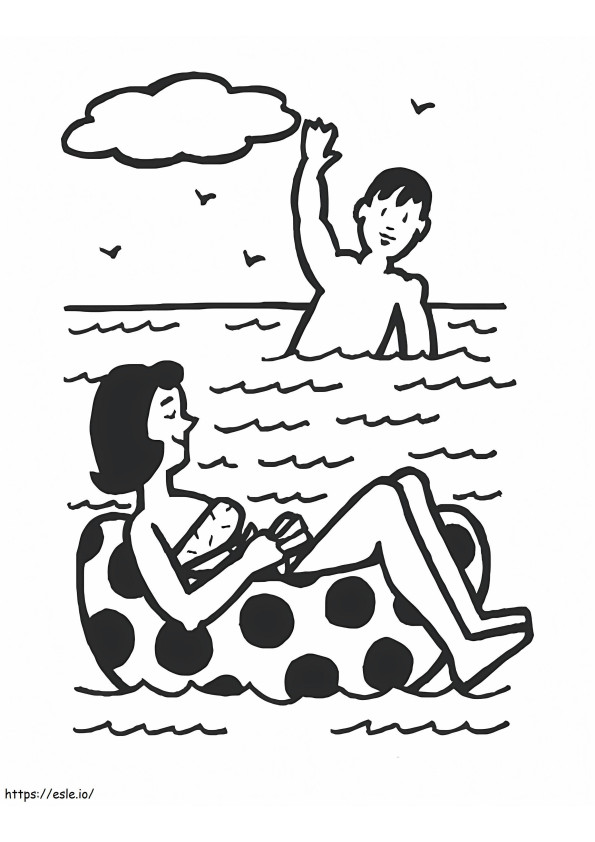 Desenho de menino e menina nadando na praia para colorir