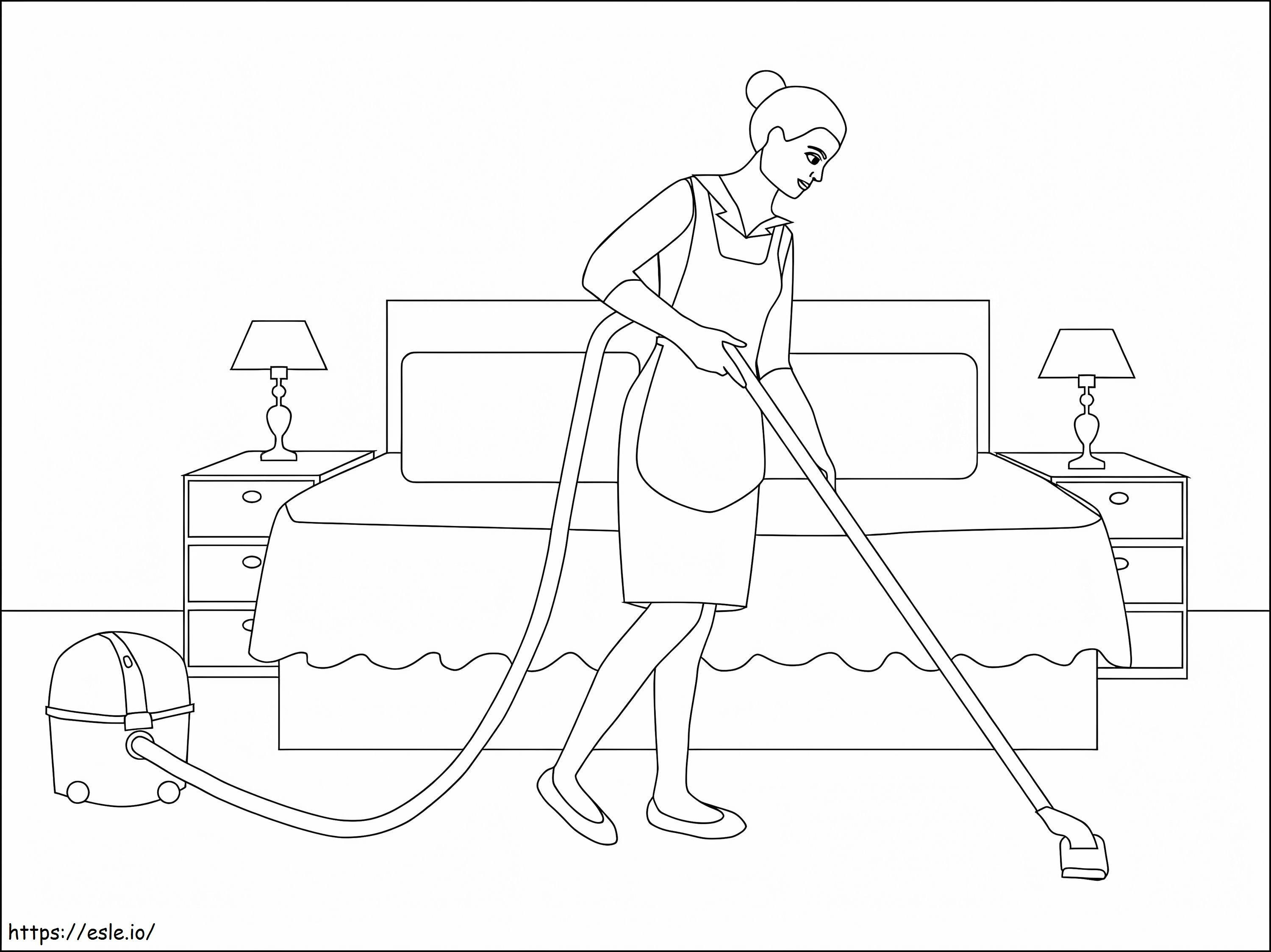 Coloriage Femme de ménage nettoie le sol à imprimer dessin