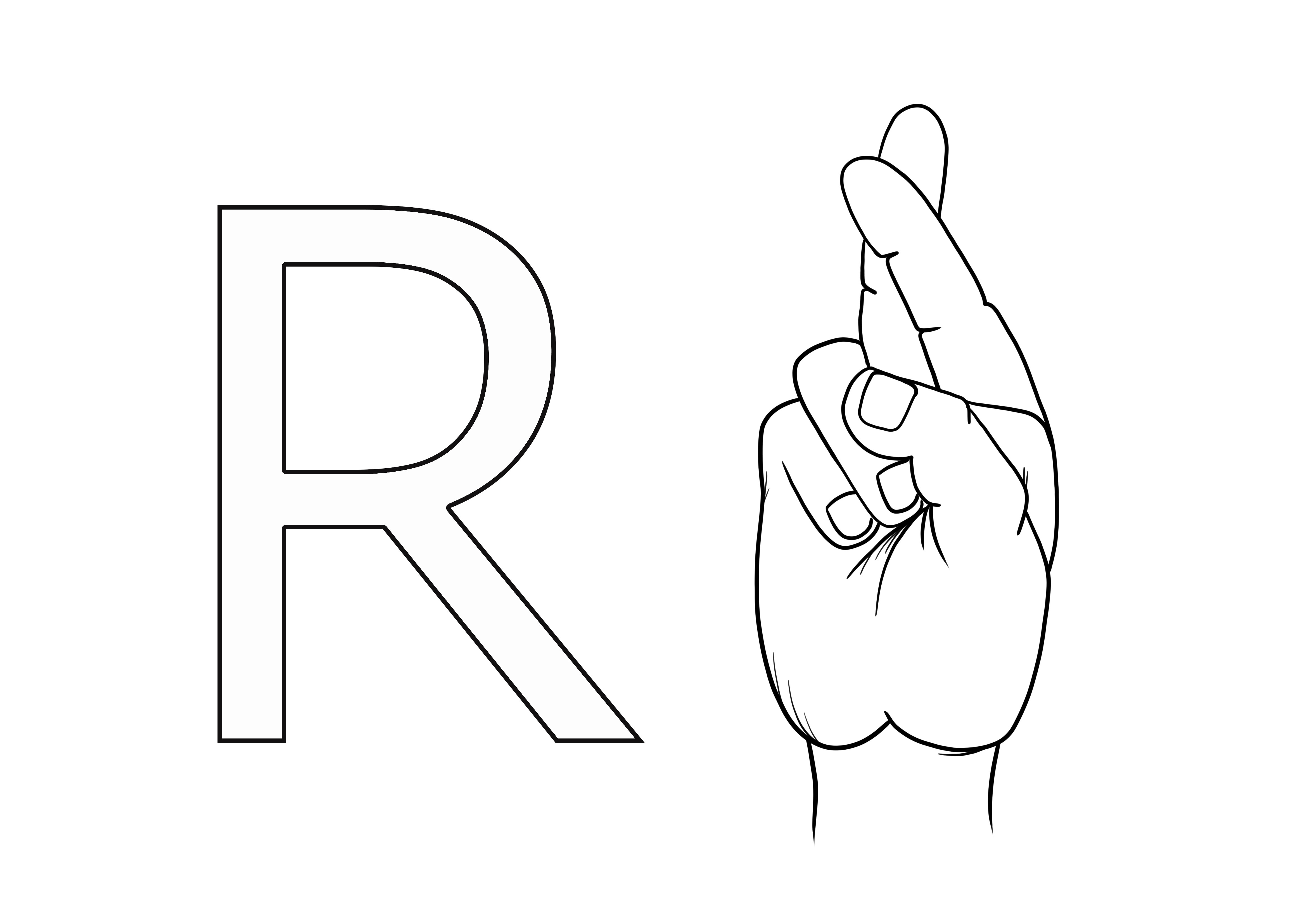 ASL 文字 R の無料印刷とぬりえ画像