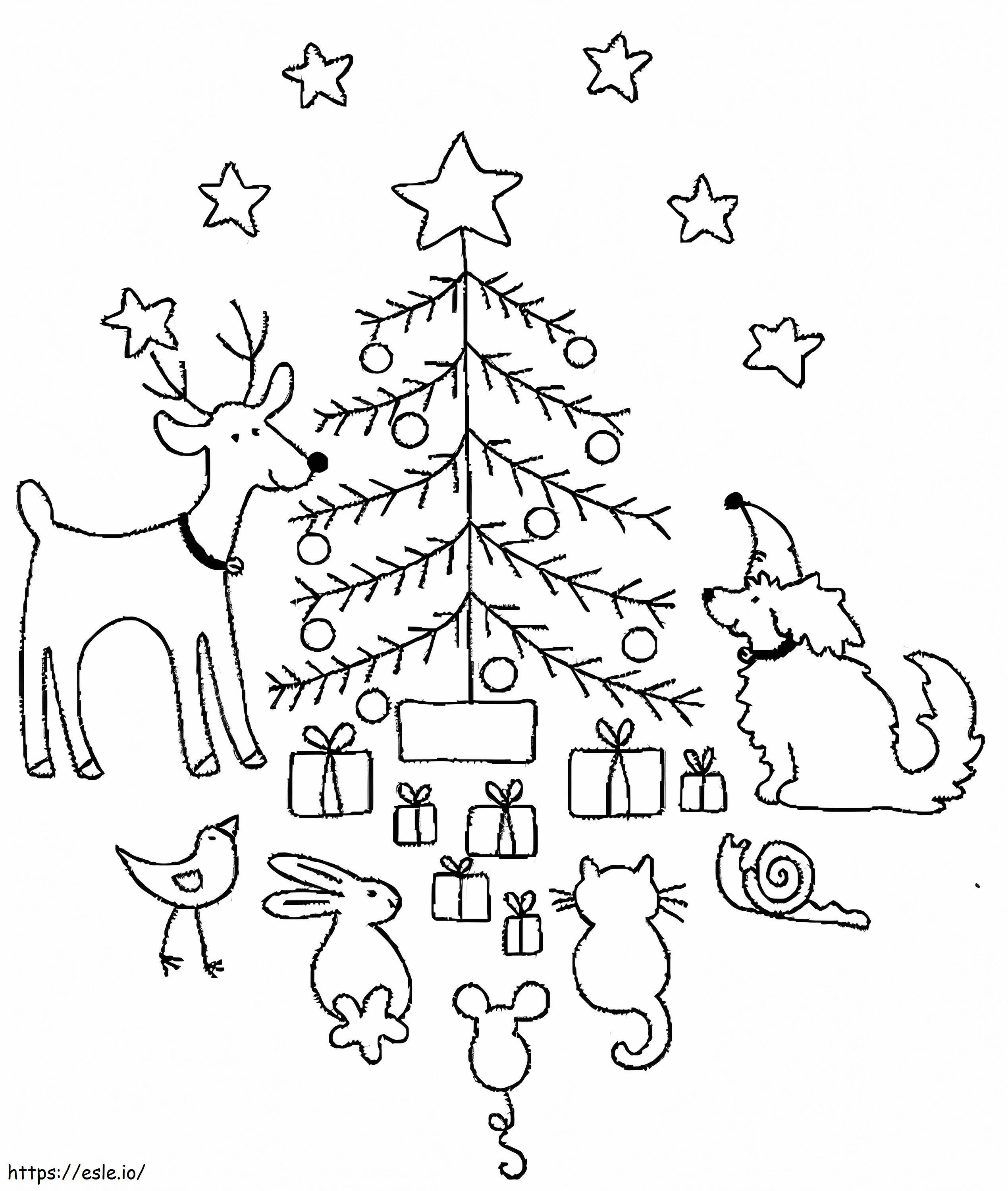 Animales y árbol de Navidad. para colorear