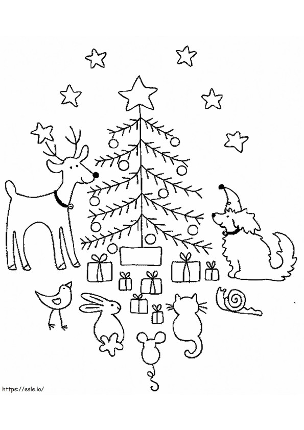 Animals And Christmas Tree coloring page