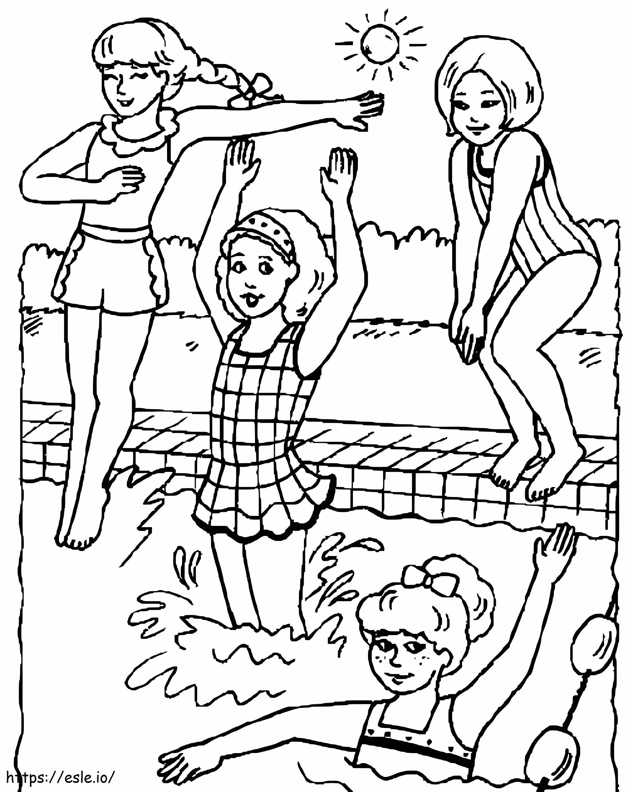 Quatro meninas na piscina para colorir
