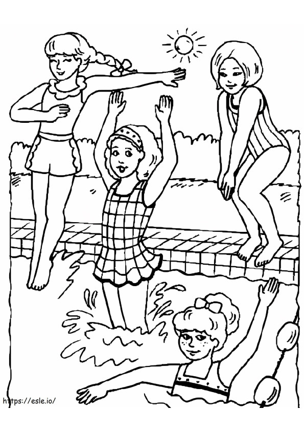 cuatro chicas en la piscina para colorear