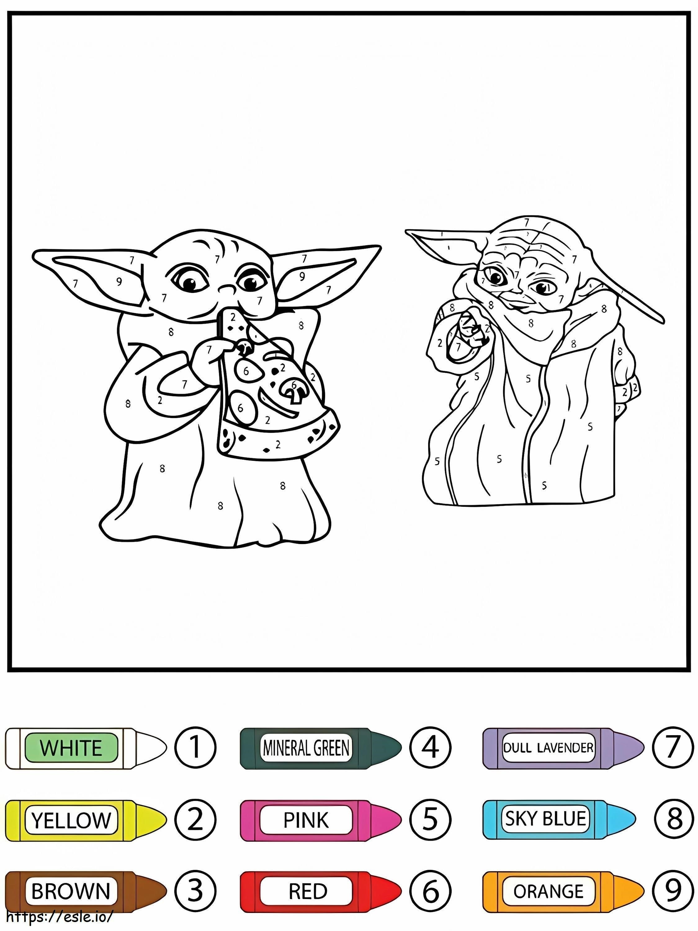 Coloriage Star Wars Grogu et Baby Yoda mangeant couleur par numéro à imprimer dessin