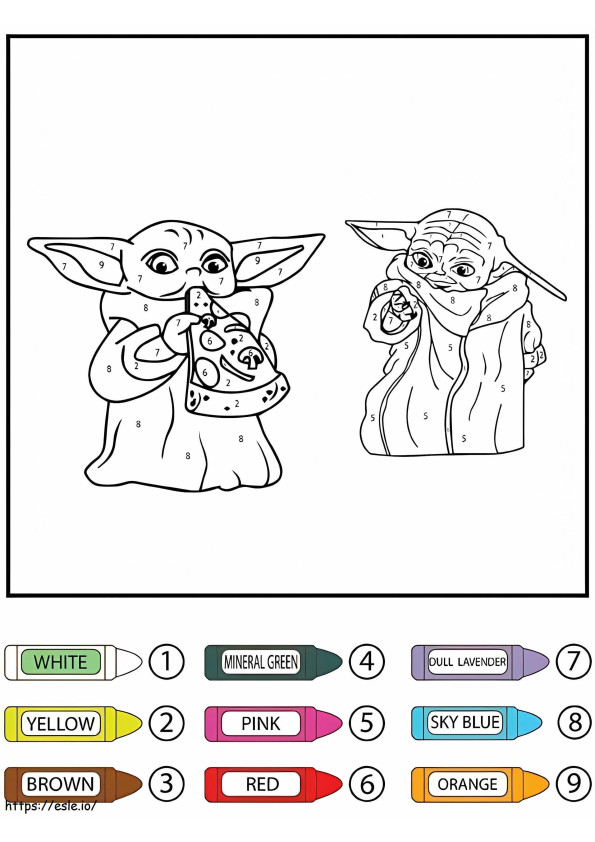 Grogu z Gwiezdnych Wojen i mały Yoda jedzą kolor po numerze kolorowanka