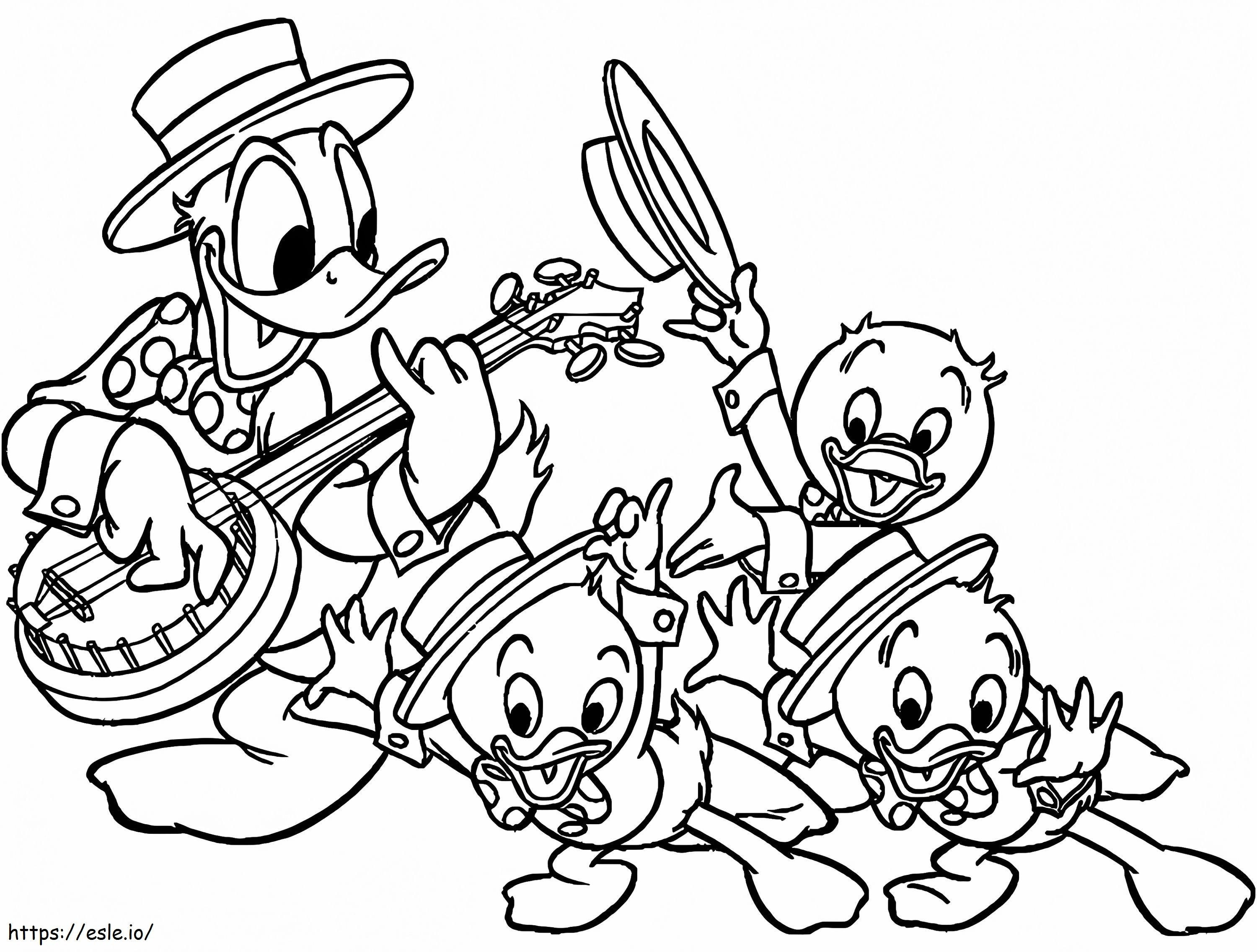 Coloriage Donald Duck jouant du banjo à imprimer dessin