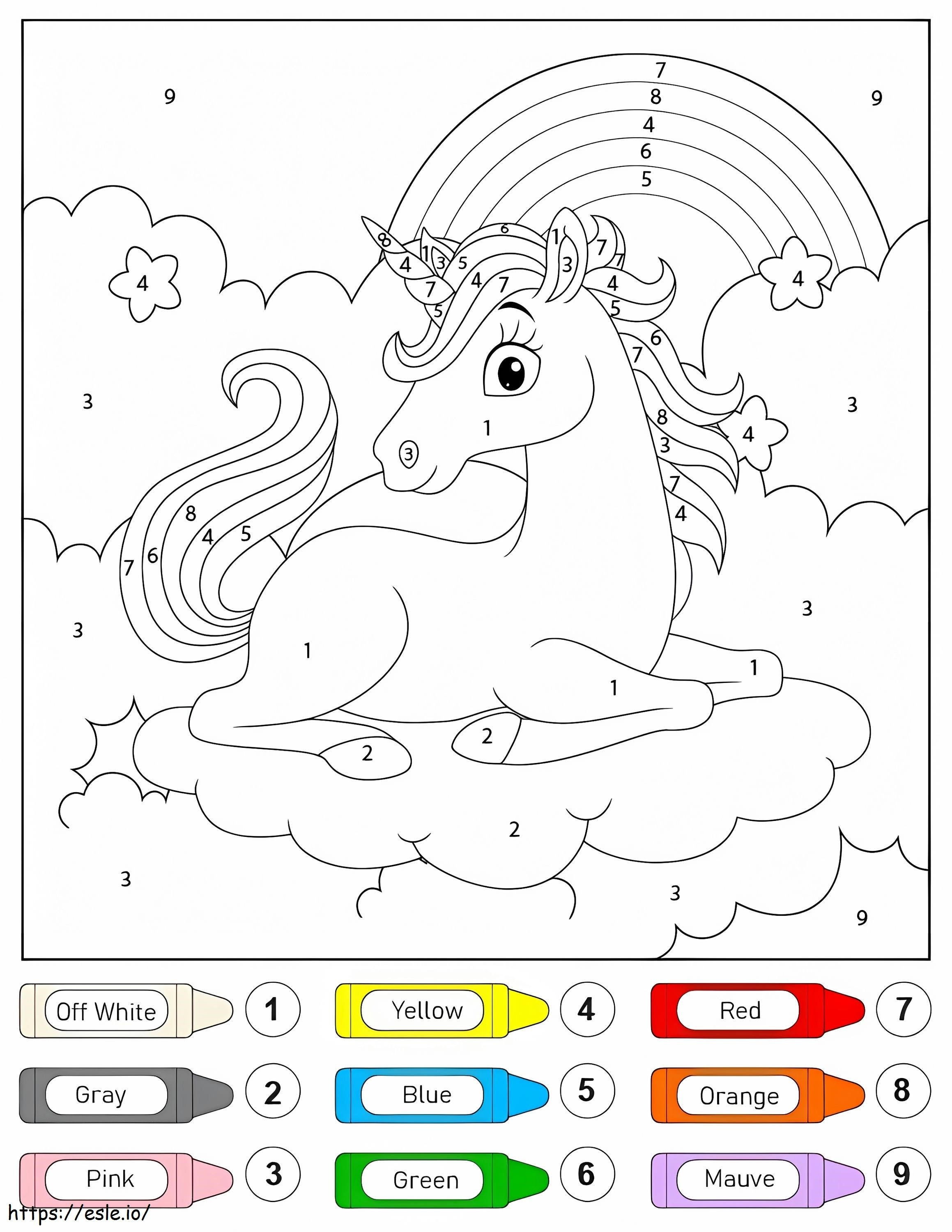 Coloriage Licorne assise sur des nuages couleur par numéro à imprimer dessin