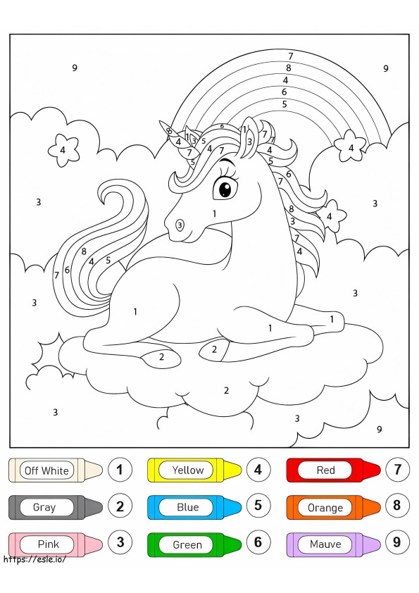 Eenhoorn zittend op wolken, kleur op nummer kleurplaat kleurplaat