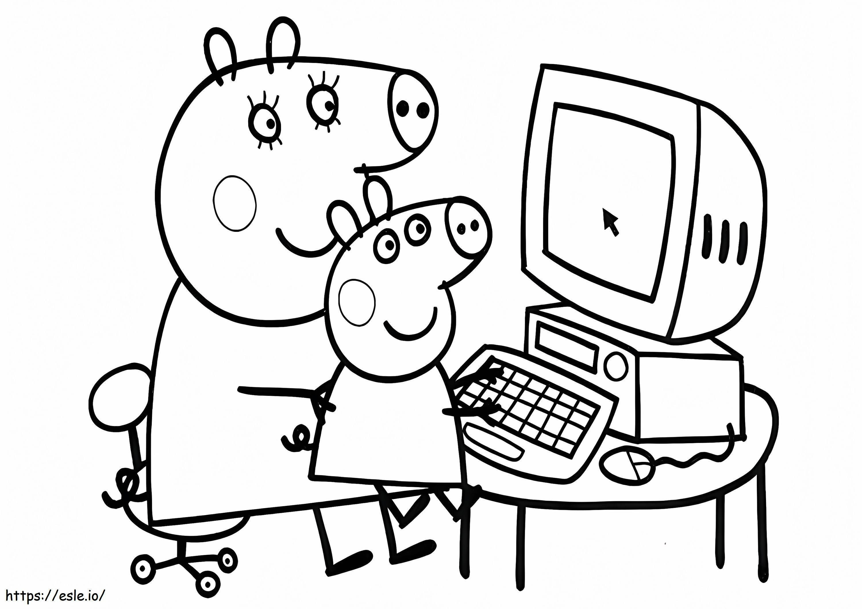 Peppa ja äiti tietokoneen kanssa värityskuva