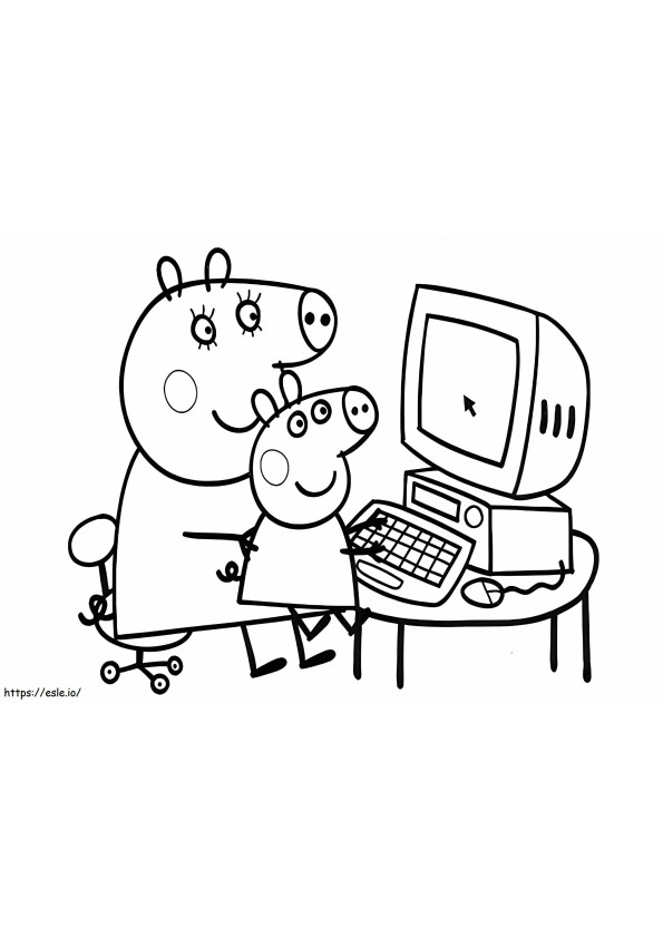 Peppa en moeder met een computer kleurplaat
