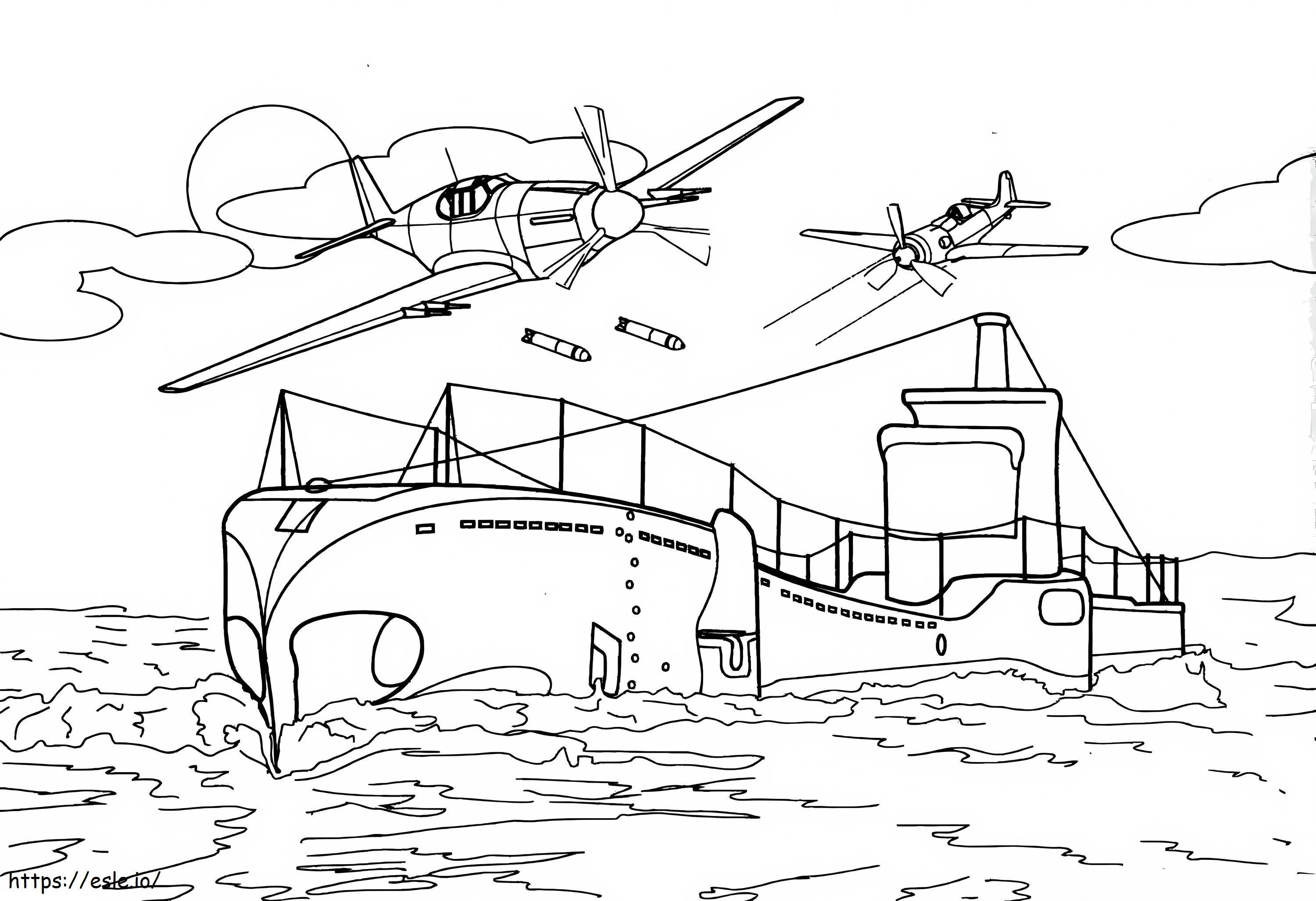 Sukellusvene ja kaksi helikopteria värityskuva
