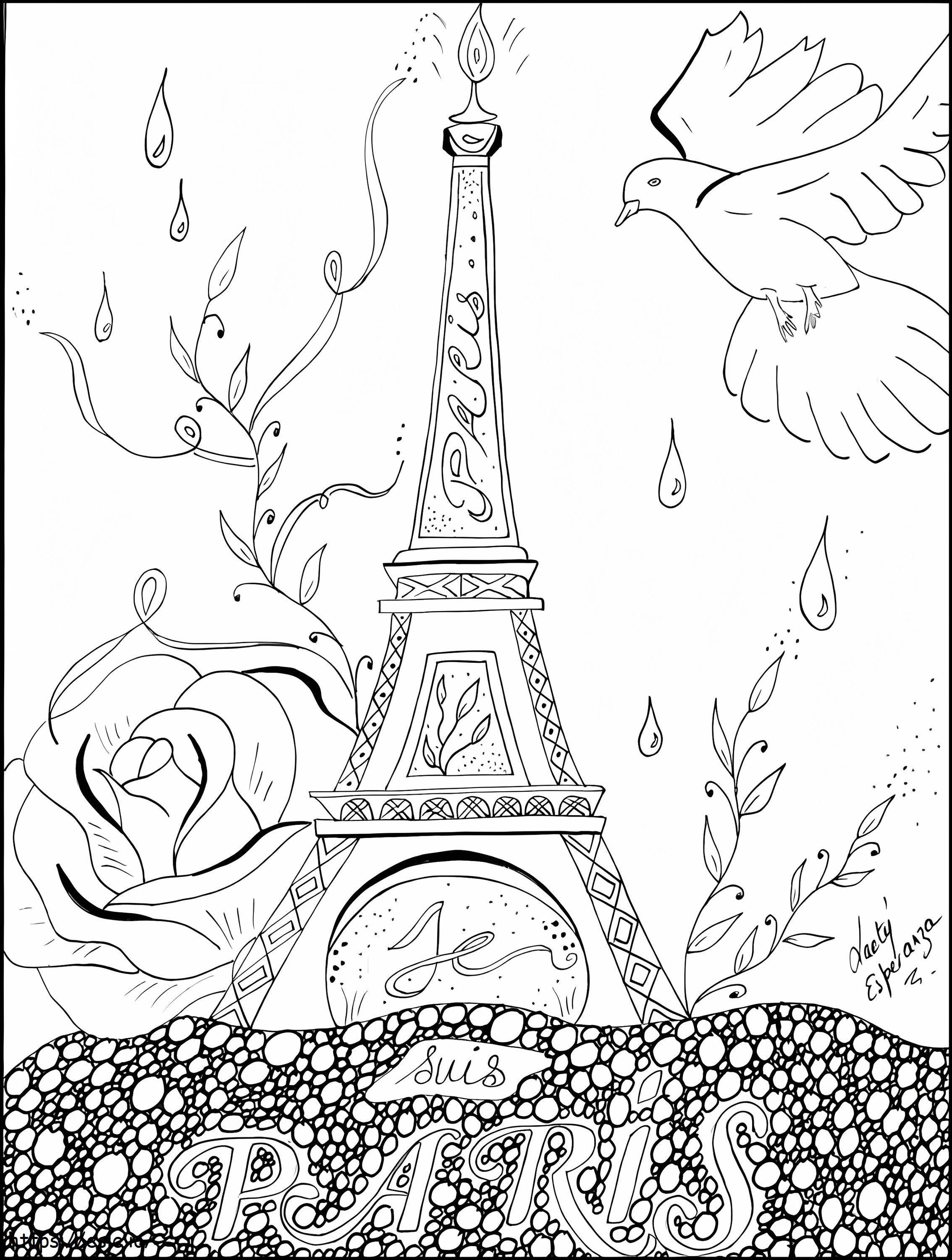 エッフェル塔と鳥とバラ ぬりえ - 塗り絵