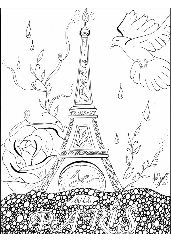 エッフェル塔と鳥とバラ ぬりえ - 塗り絵