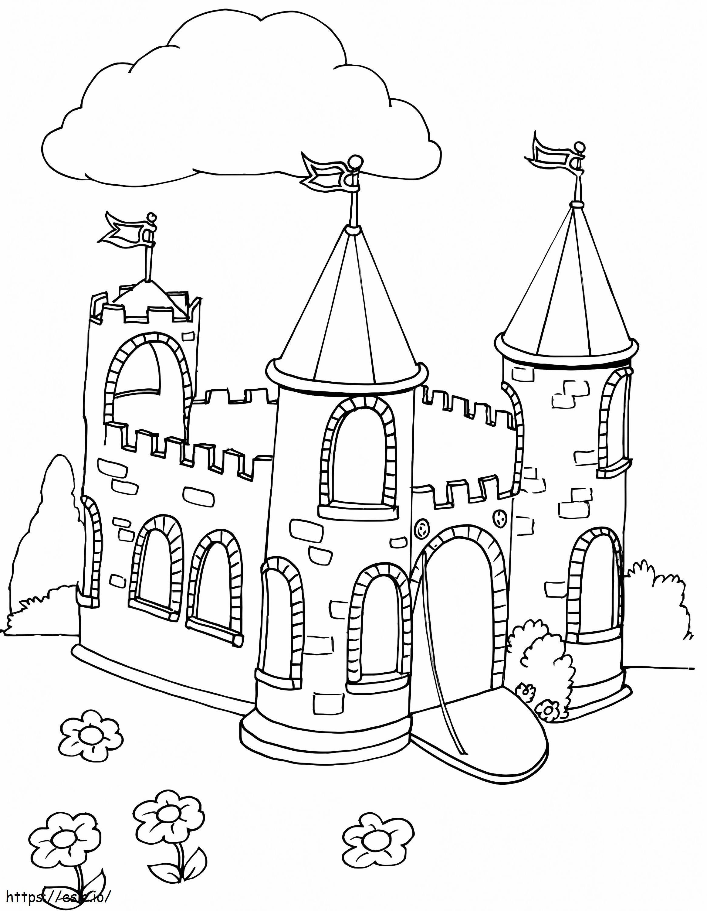 Coloriage Château avec nuage et fleurs à imprimer dessin