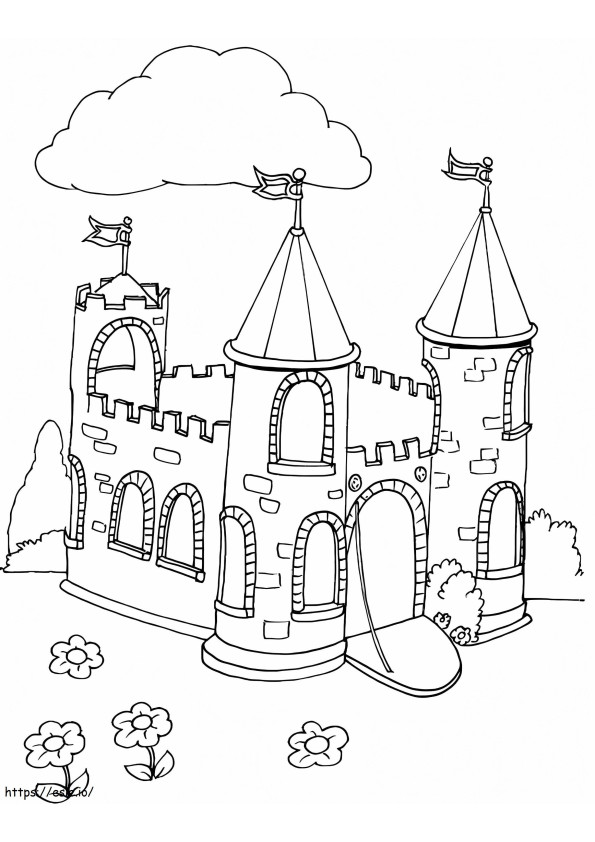 Castelo com nuvens e flores para colorir
