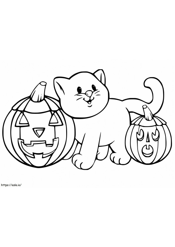 Halloween kissa ja kurpitsat värityskuva