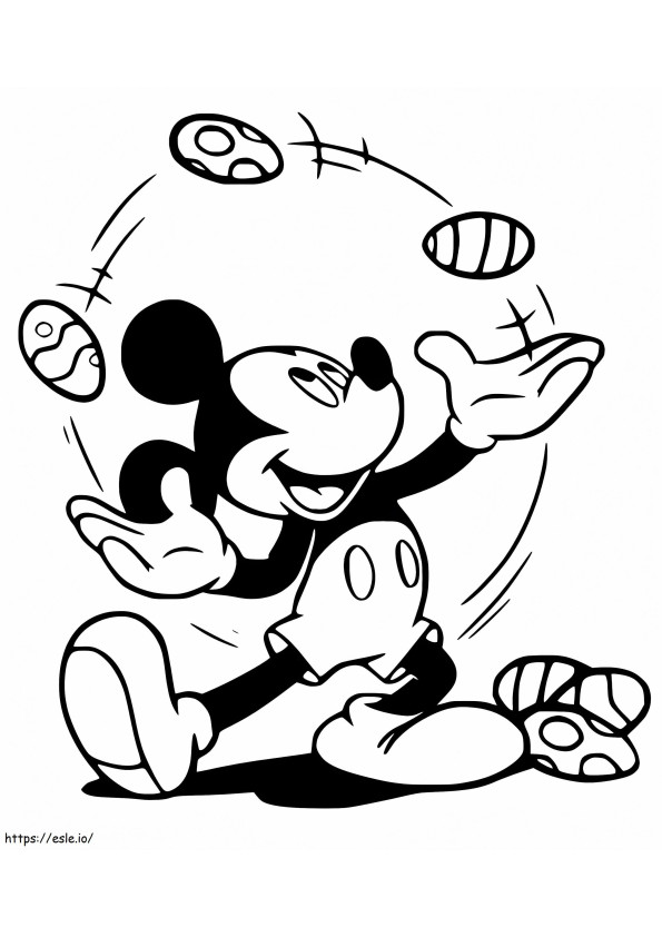 Mickey Mouse haciendo malabarismos con los huevos de Pascua para colorear