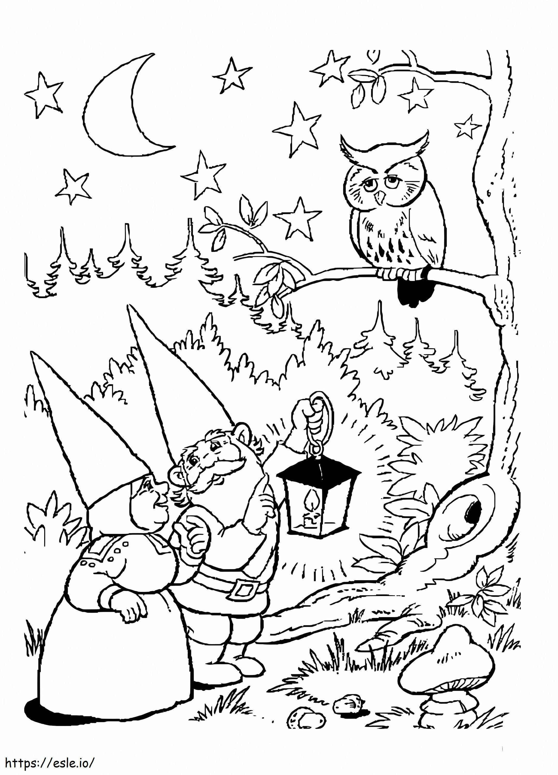 Coloriage David le gnome et la chouette à imprimer dessin
