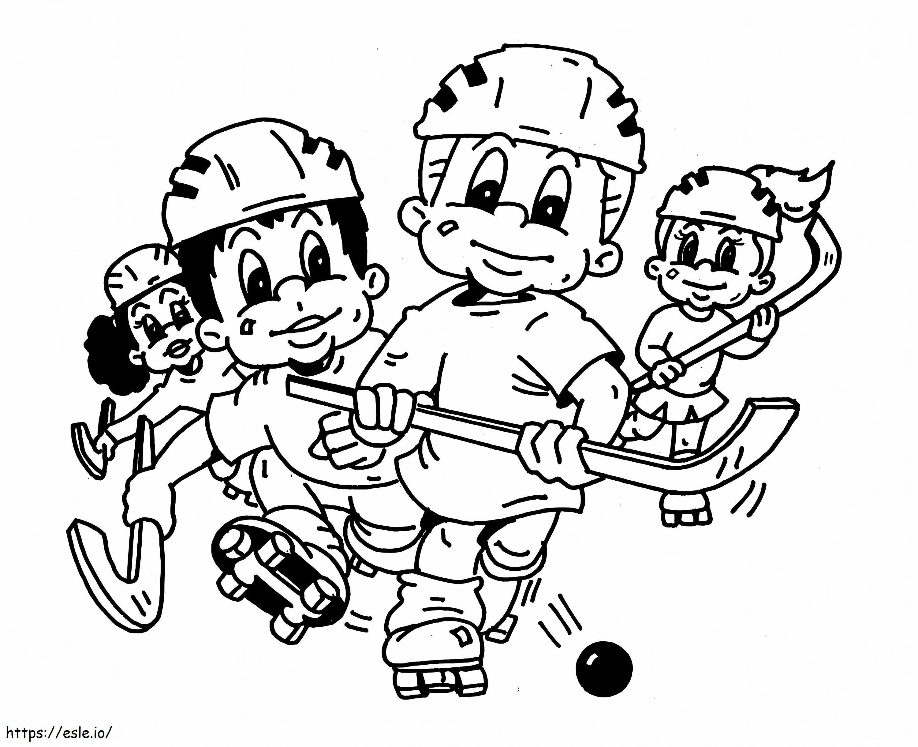 Neljä lasta pelaamassa jääkiekkoa värityskuva