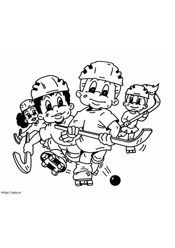 Coloriage Quatre enfants jouant au hockey à imprimer dessin