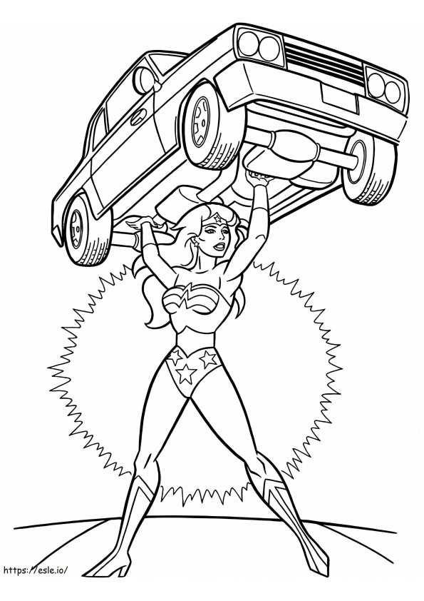 Coloriage 1568705325 Wonder Woman soulevant une voiture A4 à imprimer dessin
