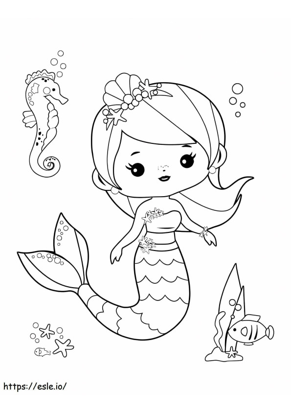 Menina sereia e animal marinho para colorir