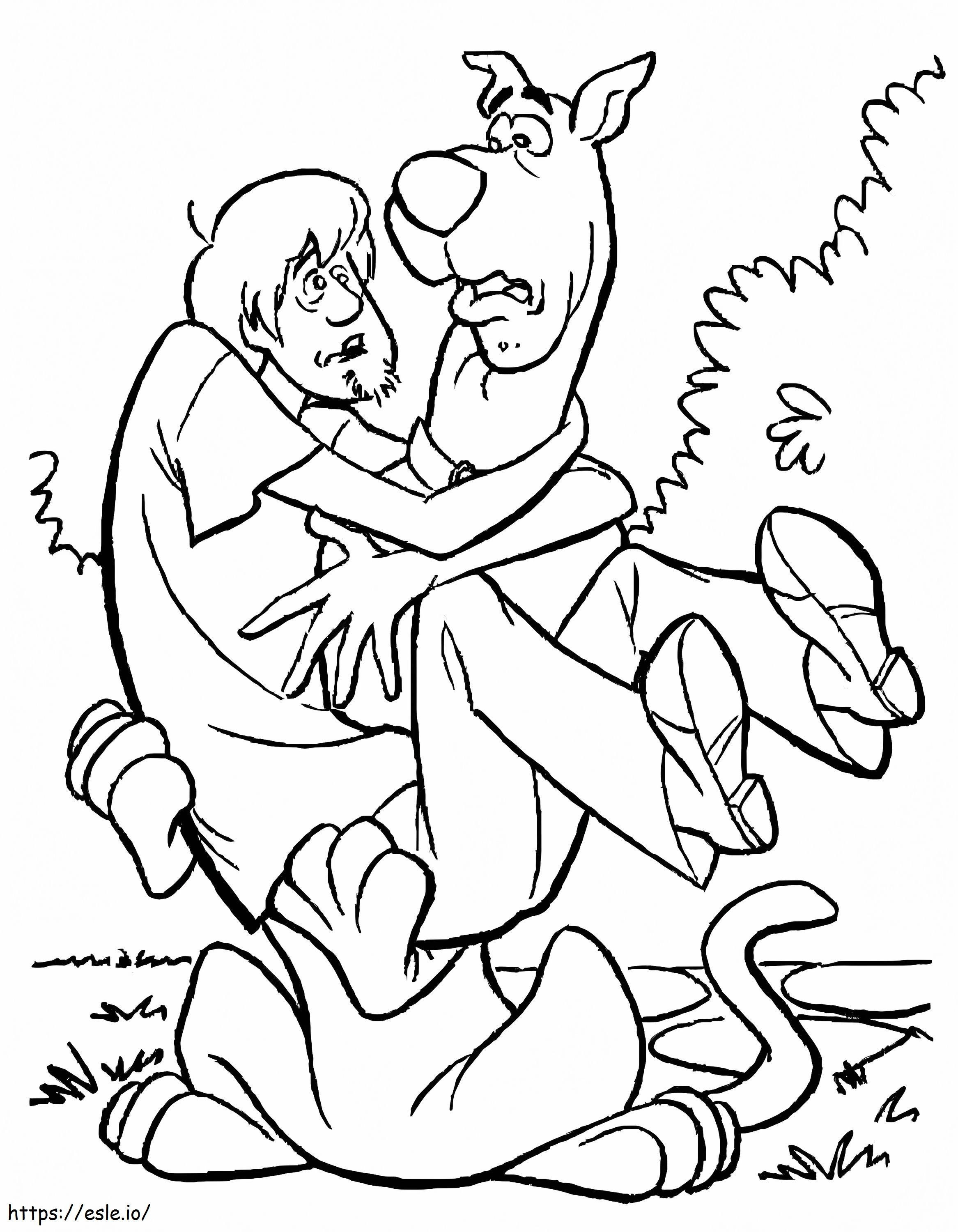 Coloriage Shaggy Rogers dans les bras de Scooby Doo à imprimer dessin