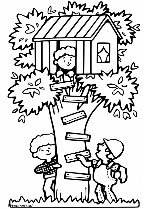 Niños y casa del árbol para colorear