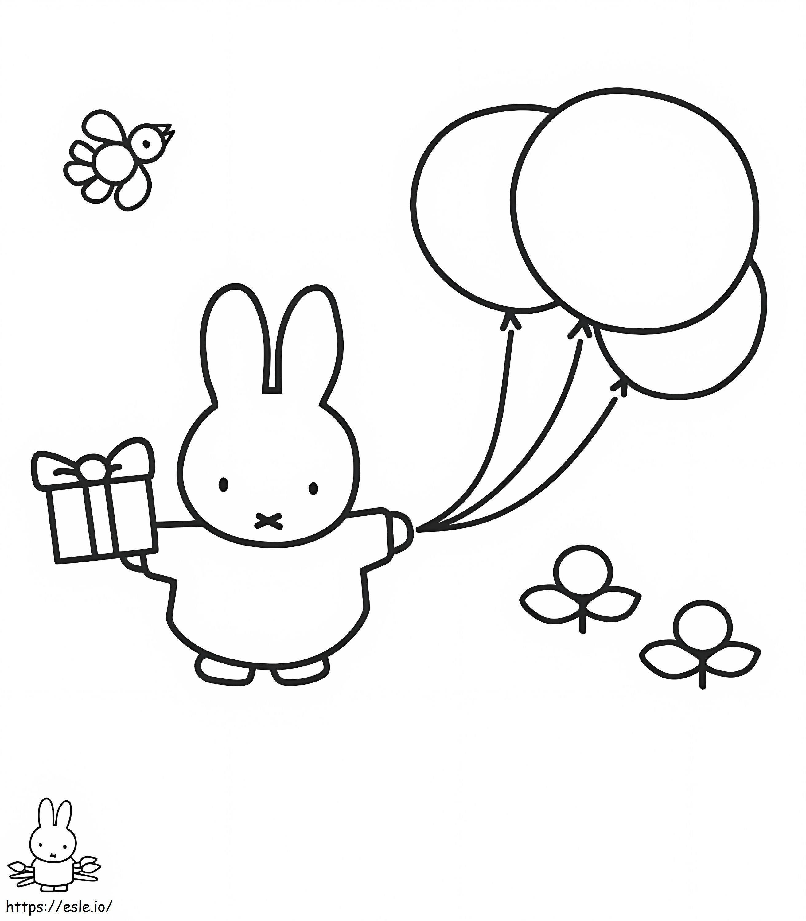 Miffy lahjalla ja ilmapalloilla värityskuva