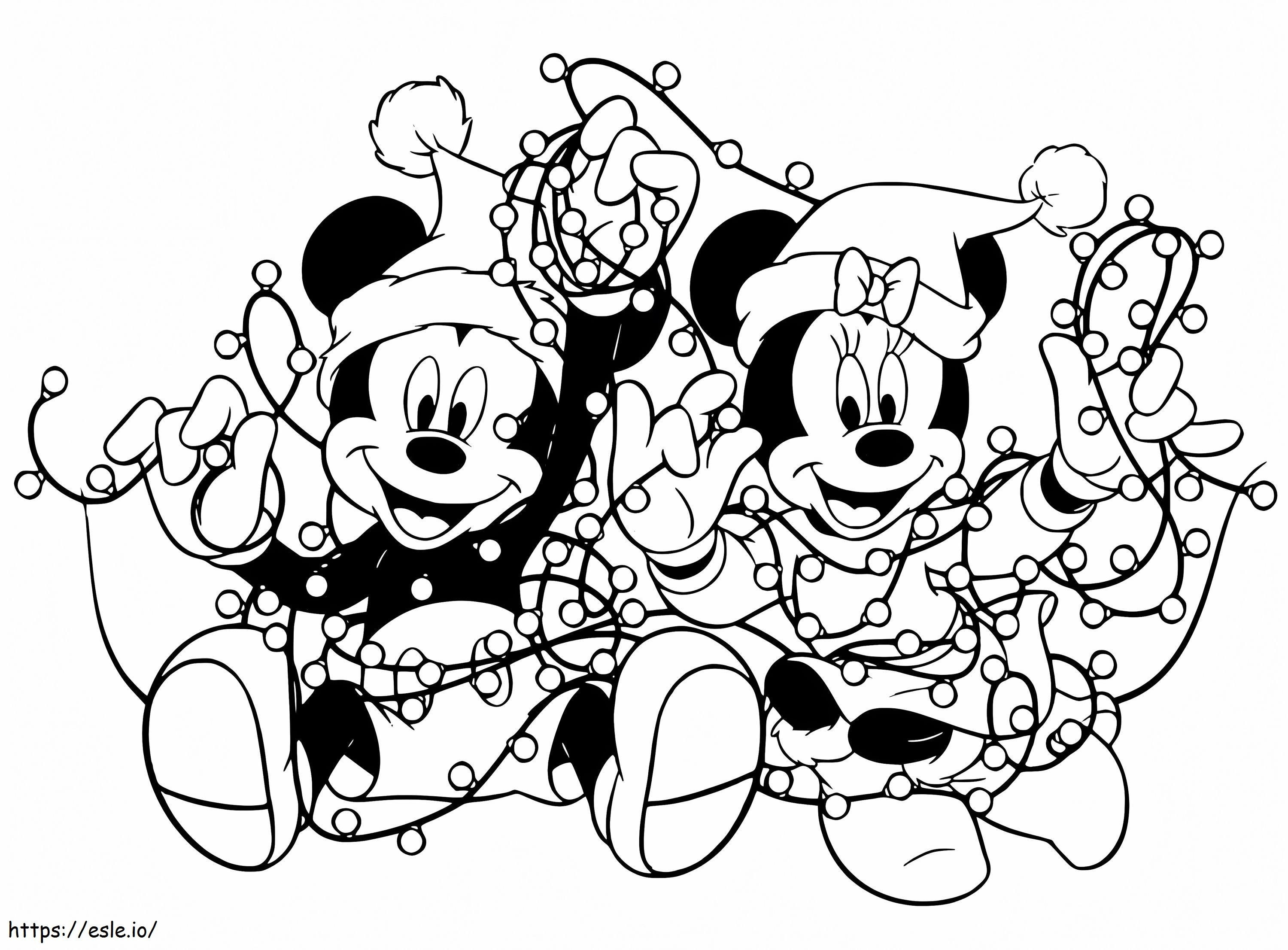 Mickey și Minnie cu lumini de Crăciun de colorat