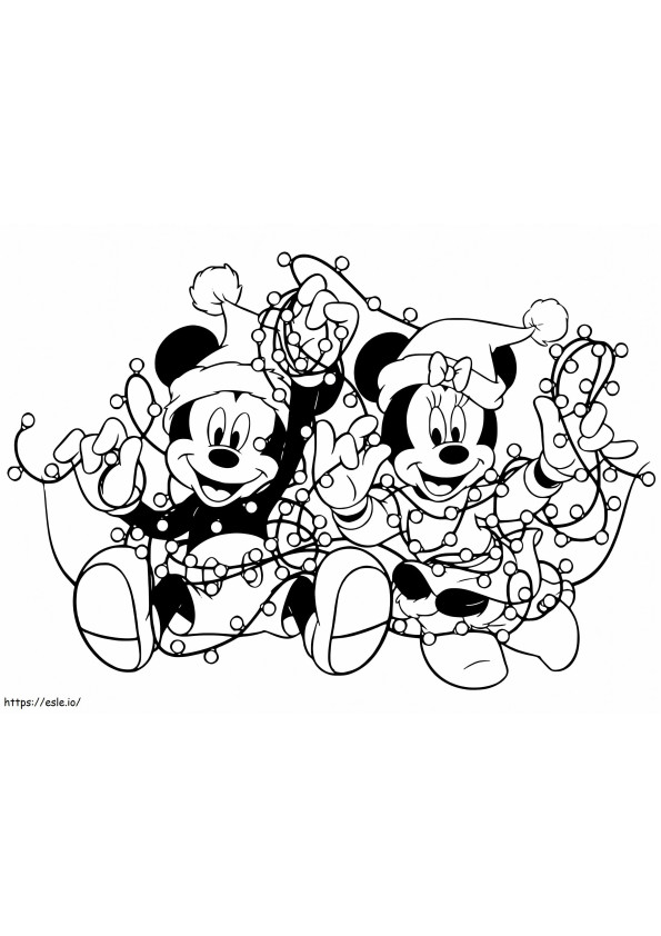 Coloriage Mickey et Minnie avec des lumières de Noël à imprimer dessin