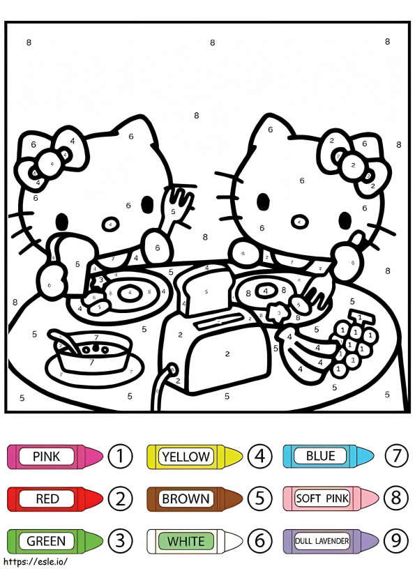 Coloriage Hello Kitty et Mimmy mangeant couleur par numéro à imprimer dessin