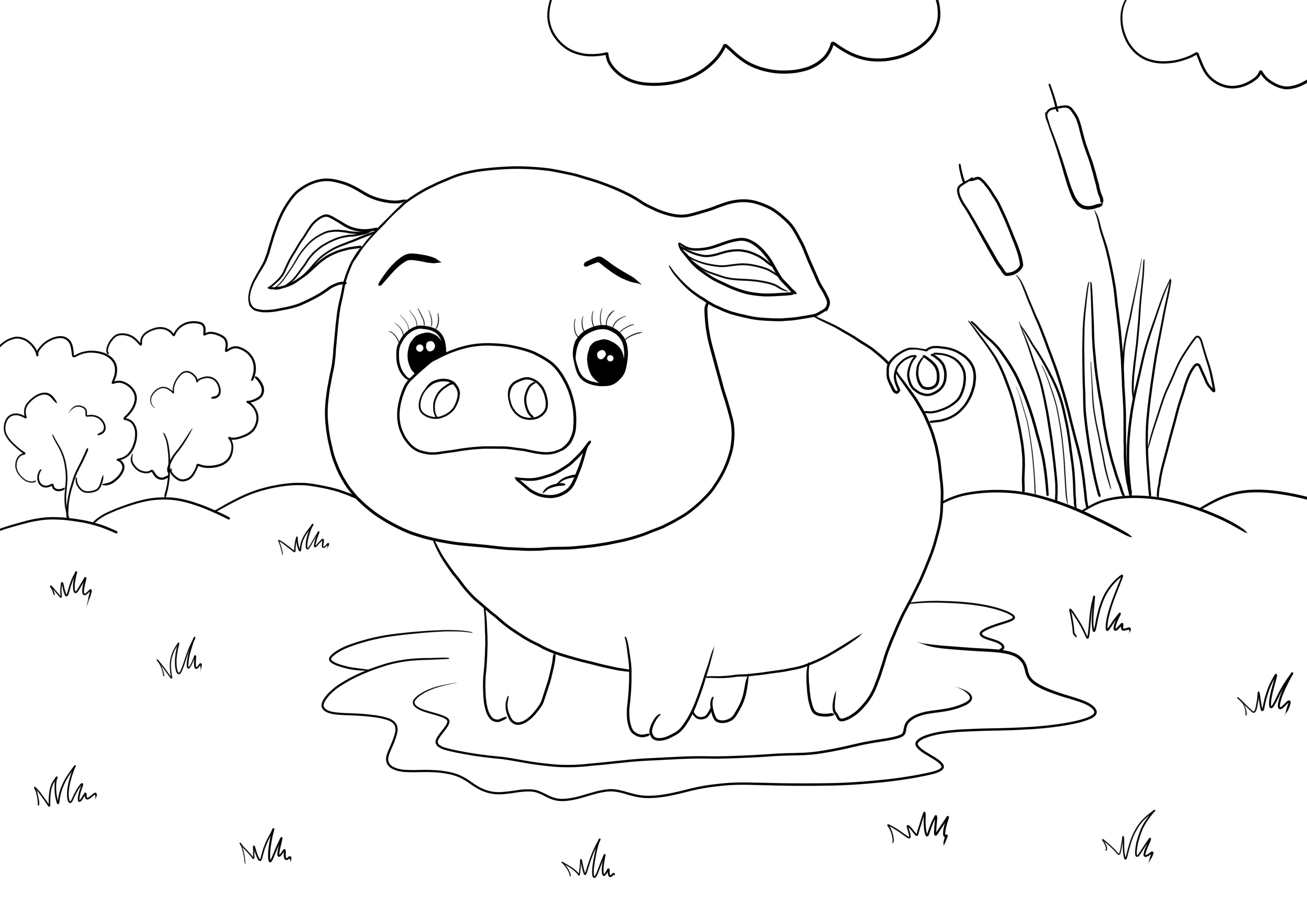 Little piglet in a puddle free printable image to color