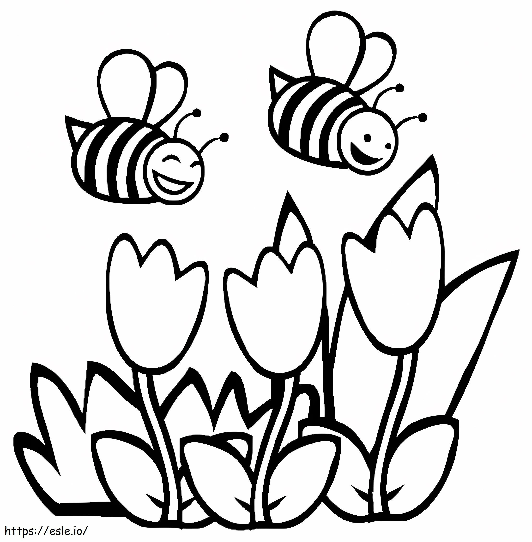春の花を持つ2匹のミツバチを描く ぬりえ - 塗り絵
