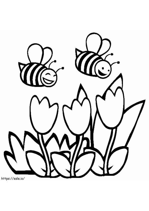 Piirrä kaksi kukkaista mehiläistä keväällä värityskuva