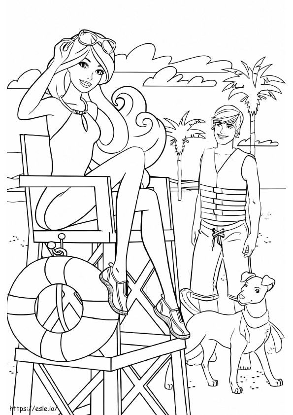 Barbie y su amiga en la playa con un perro para colorear