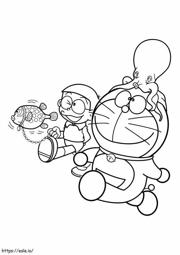 Coloriage Nobita et Doraemon avec des animaux marins à imprimer dessin