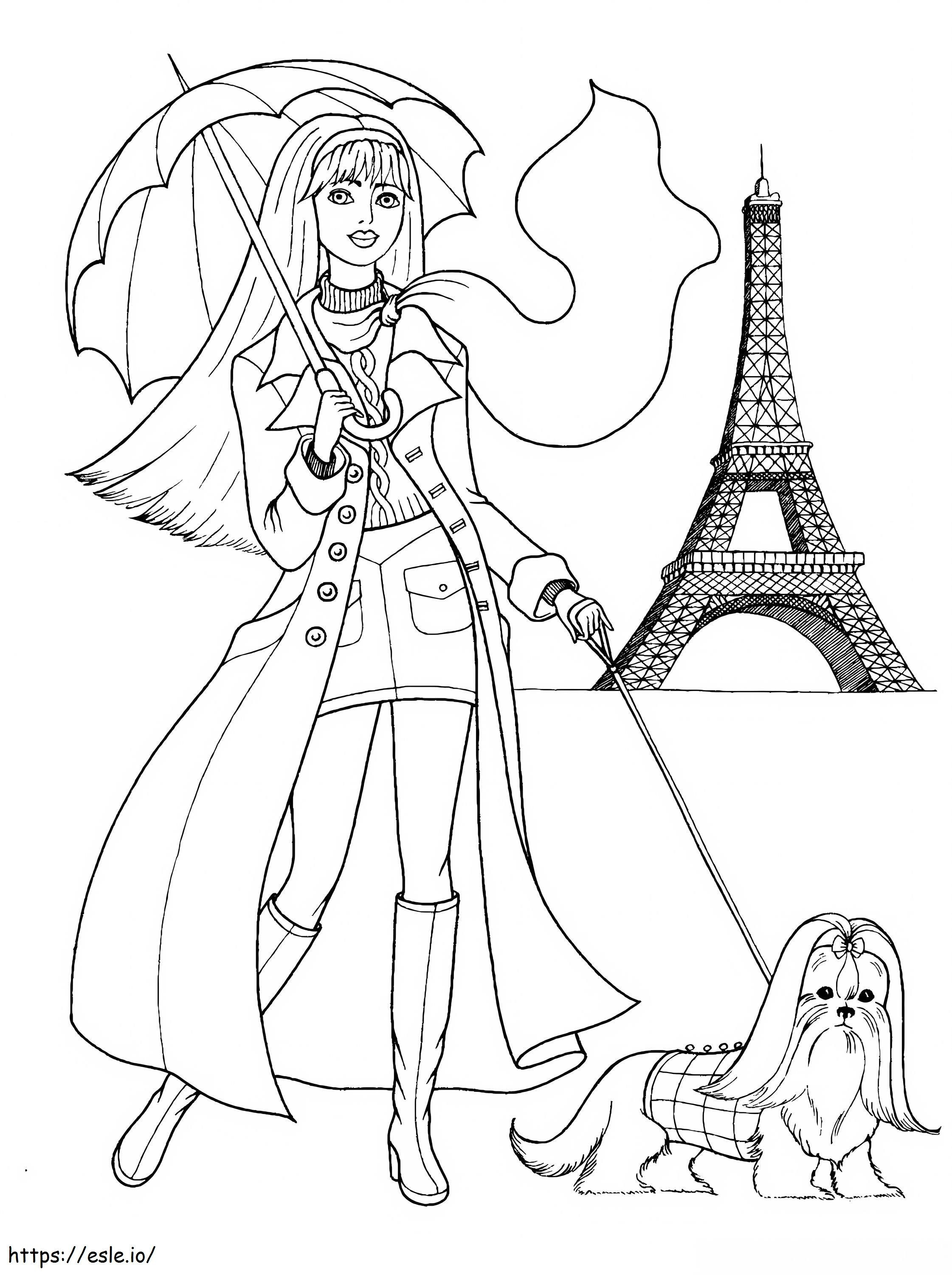 犬の散歩をする少女とパリのエッフェル塔 ぬりえ - 塗り絵
